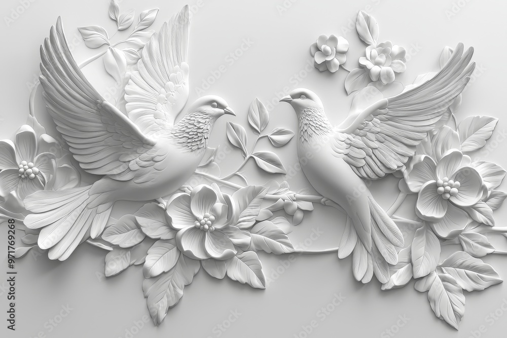 Wall mural succulent reliefs featuring swans, peacocks, or other graceful birds