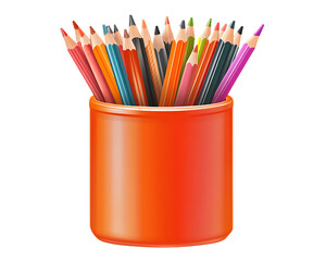 A colorful array of pencils stand upright in a red ceramic holder, Transparent background