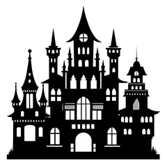 This artwork features a detailed black silhouette of a collection of palaces highlighting their intricate architecture and whimsical design elements