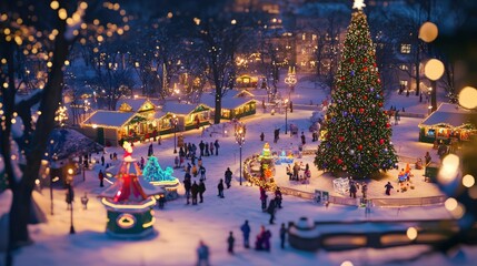 Obraz premium Magical Christmas Festival in a Snowy Park with Ice Sculptures, Food Stalls, and Decorated Trees