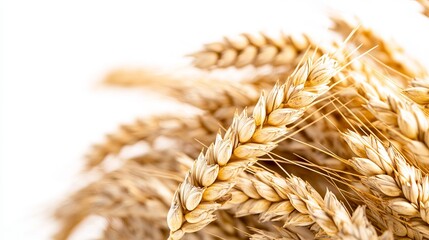 Isolated wheat ears on a white backdrop. Design component of packaging with clipping path. Depth of field at maximum. 