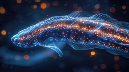 Mesmerizing digital artwork depicting a fantastical bioluminescent underwater creature swimming through a vibrant neon lit ocean environment  The glowing