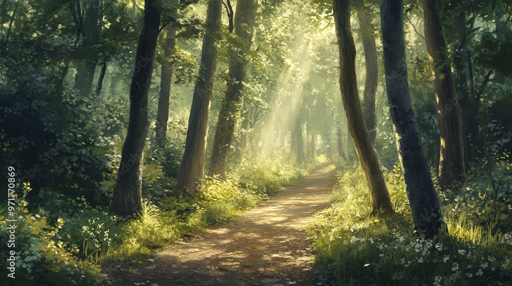 Poster a sun-drenched path winds through a dense forest, with dappled light filtering through the trees.