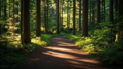 Fototapeta premium A winding path through a lush forest, bathed in the golden light of the sun.