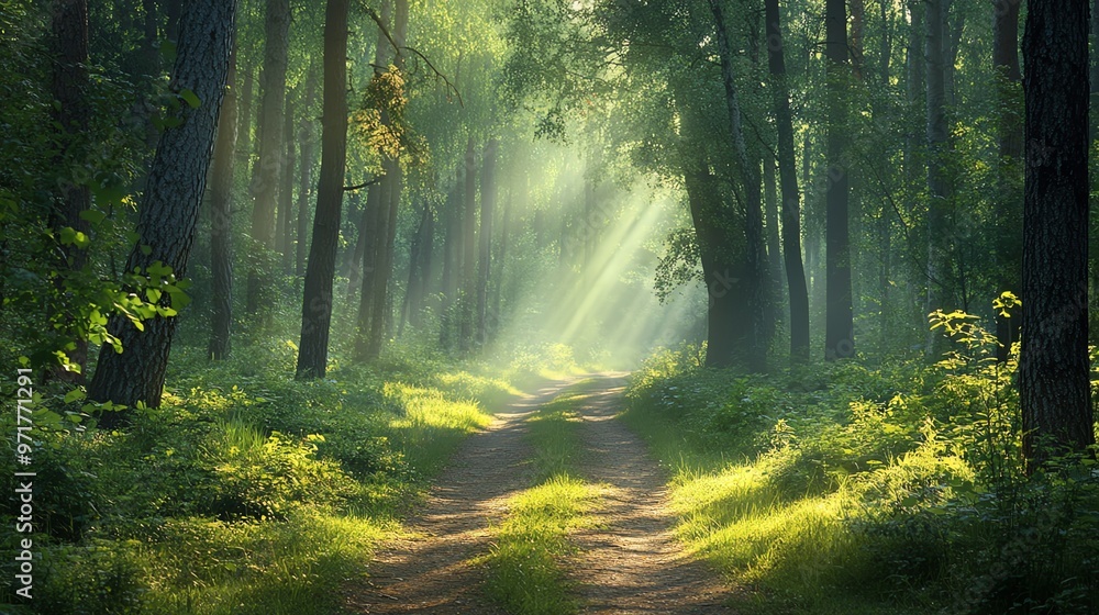 Poster sunlight streams through the trees in a misty forest, illuminating a path ahead.