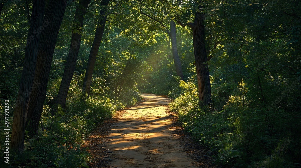 Poster a winding path through a dense forest, sunlight filtering through the trees.