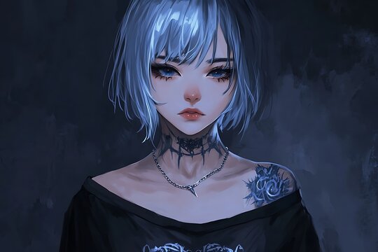 Anime girl with blue hair and black outfit in dark background.