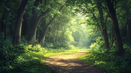 Fototapeta premium A winding path through a lush green forest, bathed in sunlight.