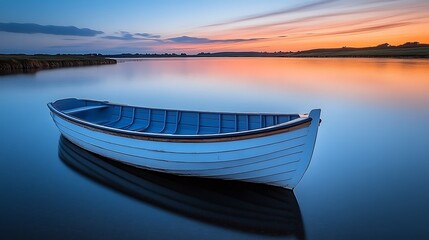 Naklejka premium White rowboat on calm lake water with a beautiful sunset