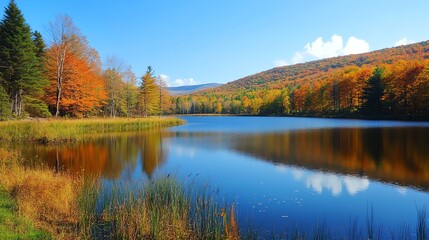 Fototapeta premium Serene lake surrounded by colorful autumn foliage with a clear blue sky.