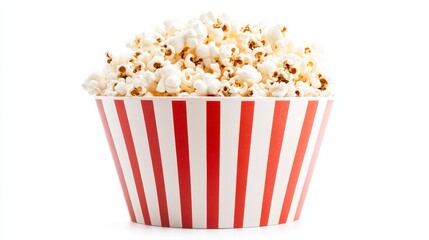 Striking red and white striped popcorn bucket isolated against a pure white backdrop. 