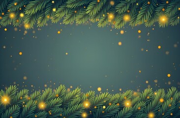  Green fir branches with glowing yellow lights create a festive border on a dark green background. 