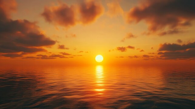 A picturesque sunset over the ocean with a golden sky and clouds.