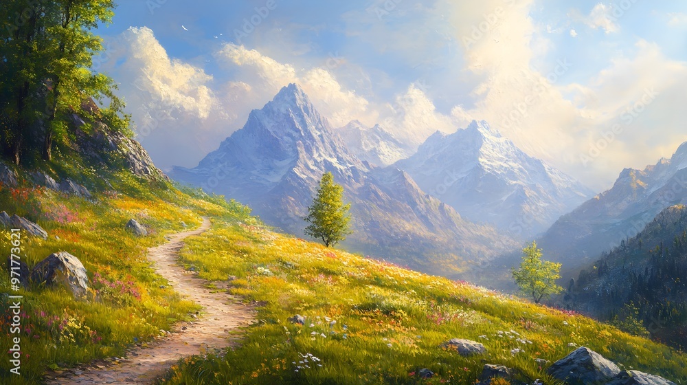 Wall mural Beautiful mountain scene with lush green nature image