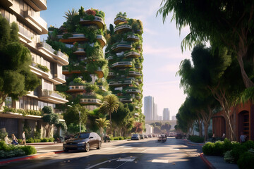 Obraz premium The spectacular eco-futuristic cityscape ESG concept is full of greenery, skyscrapers, parks, and other manmade green spaces in urban areas. Green garden in the modern city