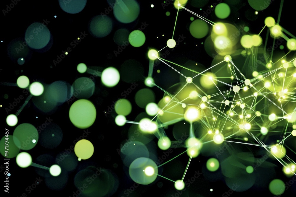 Aufkleber vibrant green particles float gracefully through a dark void, interconnected by luminous strands, ev