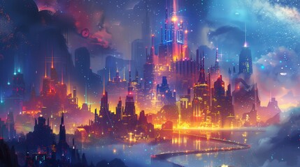 Fototapeta premium Illustrate a digital watercolor architectural scene of a futuristic city with imaginative, colorful structures and glowing lights