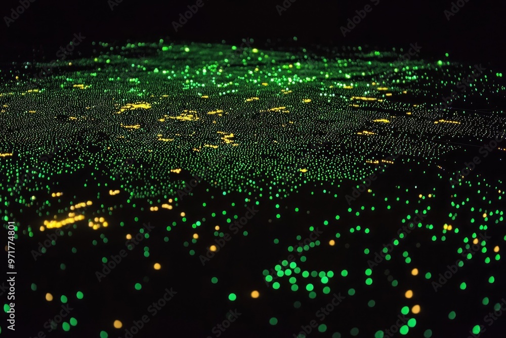 Poster vast expanse is illuminated by countless green particles, creating a surreal atmosphere against the 