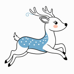 Fototapeta premium Charming reindeer with blue spots happily leaping on a white background for winter holiday cheer