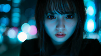 Woman Holding Smartphone Night Sty