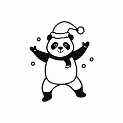 Naklejka premium Excited panda in a Santa hat and scarf catching snowflakes in a festive atmosphere 