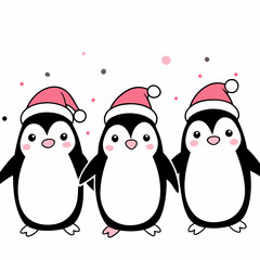 Fototapeta premium Three adorable penguins in pink Santa hats smiling together on a white background with copy space