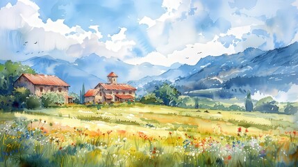 Obraz premium Generate a high-resolution watercolor painting of a traditional countryside scene with a charming farmhouse, rolling fields, and distant mountains