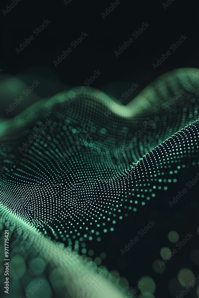 Poster mesmerizing display of green particles flows gracefully over an abstract terrain, evoking a sense of