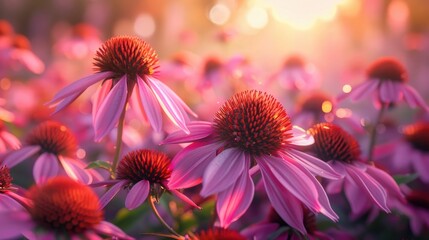 Obraz premium Vibrant and radiant purple echinacea coneflowers in full bloom with their delicate petals backlit by the warm golden light of the sun The flowers are set against a blurred natural garden backdrop