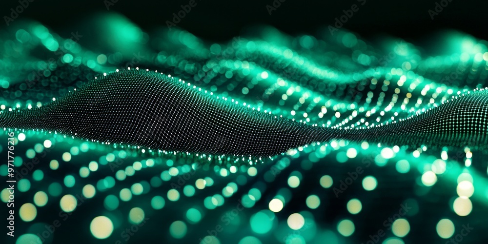 Poster luminous green particles ripple and dance across the surface, creating a mesmerizing visual of waves