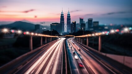 Ampang Kuala Lumpur Elevated Highway AKLEH with City Skyline in Malaysia at Twilight Blurred Defocused Bokeh Background