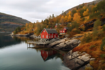 Fototapeta premium Red house by lake shore