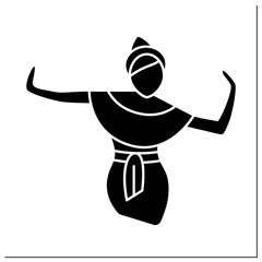 Classical dance glyph icon. Graceful body movements and elaborate costumes. Different dances khon,ram wong, shadow puppetry.Thailand. Filled flat sign. Isolated silhouette vector illustration