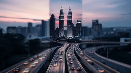 Fototapeta premium Ampang Kuala Lumpur Elevated Highway AKLEH with City Skyline in Malaysia at Twilight Blurred Defocused Bokeh Background