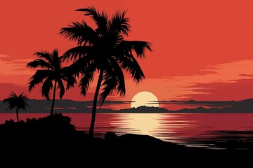 Sunset on the beach. Tropical night illustration with the ocean, palms and sunset on red sky. For poster, wallpaper, card.