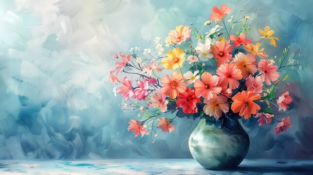 Design a digital watercolor painting of a striking floral bouquet with a mix of bold and pastel colors, arranged in an elegant vase
