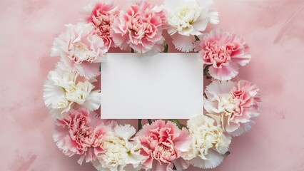 Top view of beautiful pink and white carnation flowers and blank card on pink background