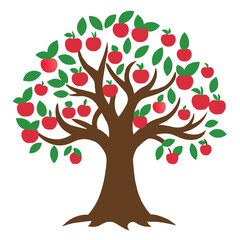 The artwork features a beautifully stylized apple tree with bright red apples and green leaves showcasing a rich natural representation in vibrant colors