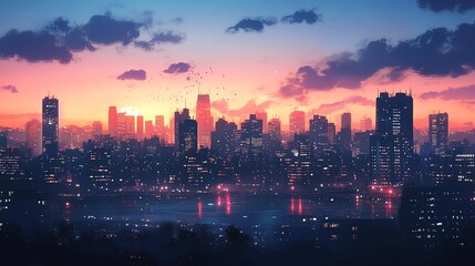 Fototapeta premium A vibrant city skyline at sunset with colorful clouds.