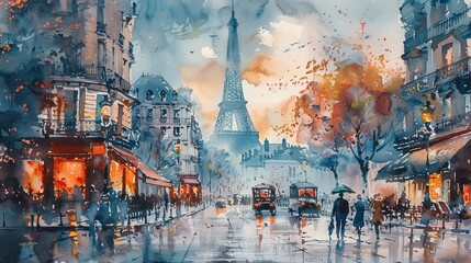 Obraz premium Create a watercolor cityscape depicting an old-world charm with detailed historical landmarks and bustling street life