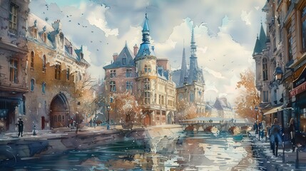 Fototapeta premium Create a watercolor cityscape depicting an old-world charm with detailed historical landmarks and bustling street life