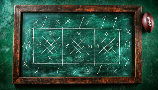 A football strategy board featuring Xs and Os, showcasing tactical plays and formations. This chalkboard is essential for coaches and players to visualize game strategies