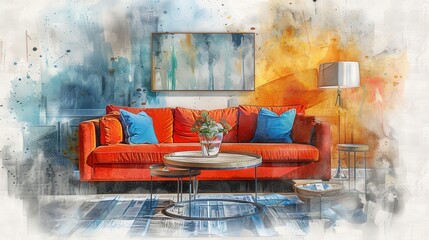 Create a digital watercolor painting of a contemporary living room with stylish furniture and a dynamic color palette