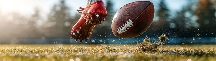 A football punt in mid air showcases punters skill and precision, with ball soaring above field. vibrant red cleats add dynamic touch to this action packed moment - Powered by Adobe