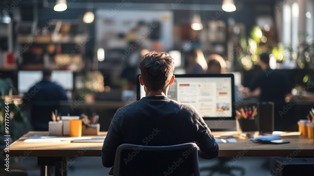 Poster man working at a computer in a modern office