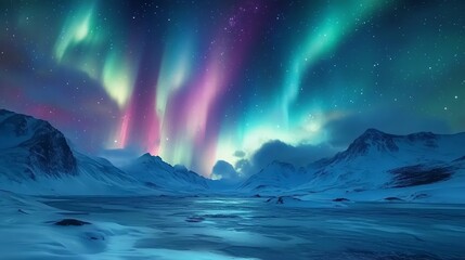 Fototapeta premium Vibrant aurora borealis display over snow-covered mountains and a frozen lake.
