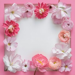 Fototapeta premium Top view of blank card and beautiful blooming flowers isolated on pink