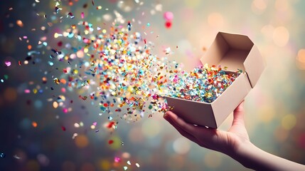Hand Opening a Gift Box with a Surprise Inside: A hand lifting the lid of a gift box, with a playful surprise like confetti bursting out.
