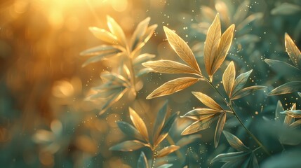 Glowing autumn leaves bathed in warm radiant sunlight create a captivating and serene nature landscape  The golden shimmering foliage casts a peaceful idyllic atmosphere with its elegant