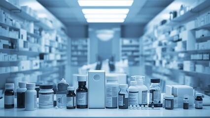 Blank pharmacy medicine pharmaceutics concept defocused background. Blurry view of drug store with preparation